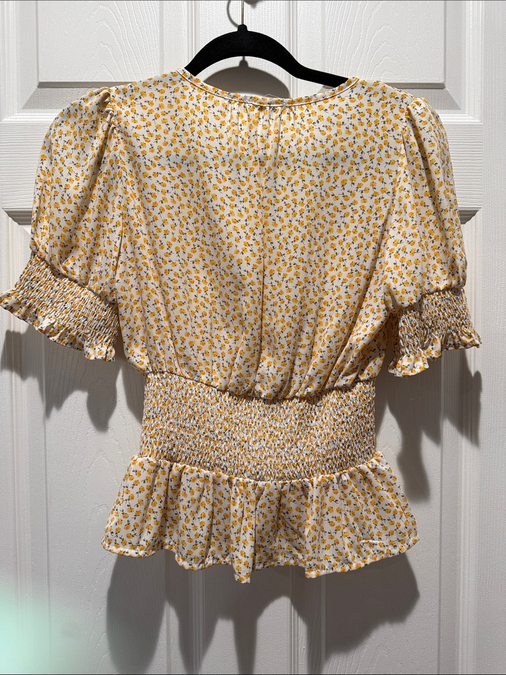 Floral Puff Sleeve Smocked Peplum Top - Yellow - Picture 3 of 3